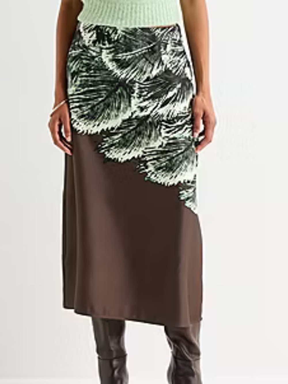 Worthington Brown Midi Skirt with Green Leaf Print